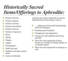 an advertisement with the words, historical sacred items / offerings to aphrodite