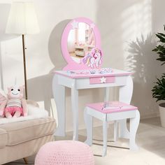 With the clear mirror, this kids vanity table and stool set with cute patterns is a fun and functional addition to your child's bedroom or play area. And you can remove the top if your kids need to concentrate on drawing or writing. After finishing make up or study, there is a practical drawer which comes with ample space to store items to keep the tabletop tidy and clean. Considering your kids' safety, this high quality vanity set is equipped with round edge design and anti-toppling device. In Toddler Vanity, Mirror Drawer, Kids Vanity Set, Girls Vanity, Mirror Drawers, Bedroom Makeup Vanity, Makeup Dressing Table, Clear Mirror, Dressing Table With Chair