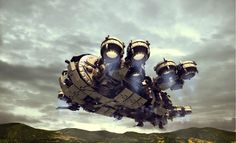 an image of a sci - fi space ship flying through the air with mountains in the background