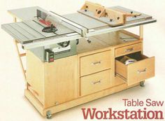 the table saw workstation has drawers on each side