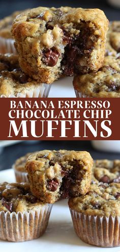 banana espresso chocolate chip muffins are stacked on top of each other