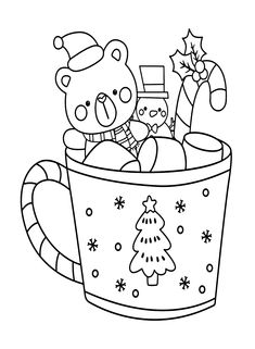 a teddy bear in a cup with christmas decorations