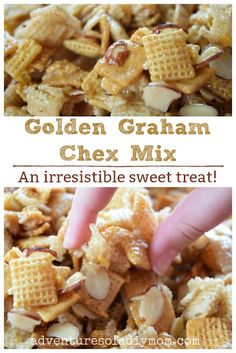 the golden graham chex mix has been made with cereal and is ready to be eaten