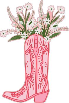 a pink cowboy boot with flowers in it