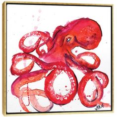 an octopus is painted in red and pink watercolor on white paper with black ink