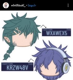 two anime characters with headphones on their ears, one is blue and the other has green hair