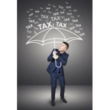 a man in a suit holding an umbrella next to a drawing of a tax dog