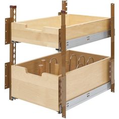 two wooden bins are stacked on top of each other with metal brackets and handles