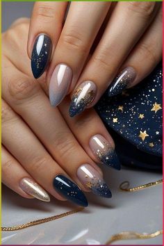 Dark Blue Nails Ombre, Nail Art Designs Dark Colors, Holiday Nail Inspo 2024, Fall Blue Nail Designs, Sparkle Nails Design, Colored Ombre Nails, Nail Ombre Designs, Ombre Tip Nails, New Years Nails Blue