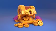 an orange and yellow plastic toy with lots of buttons on the bottom, in front of a blue background