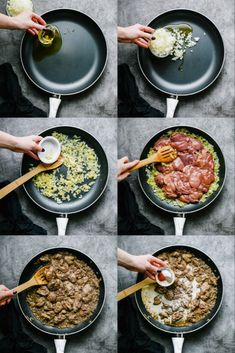 the process of cooking meat and rice in a skillet