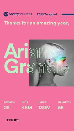 a pink poster with the words aria grandede on it and an image of a woman's face