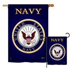 two navy flags with an eagle and the word navy in gold on blue, one is for