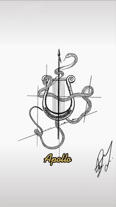 an artistic drawing of a snake holding a bow with the word apollo on it