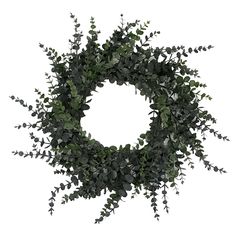 a wreath with green leaves hanging from it