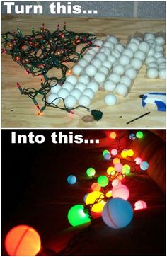 an image of christmas lights and balls on the floor with caption that reads, turn this into this