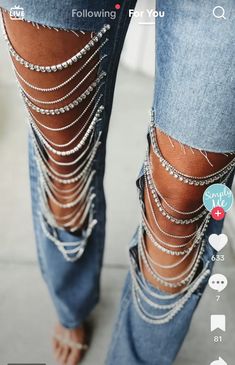 Big Ripped Jeans, Clothes Remake, Rhinestone Denim, Cut Out Jeans, Rhinestone Jeans, Diy Jeans, Rhinestone Chain, Women's Blouses, Jeans For Sale