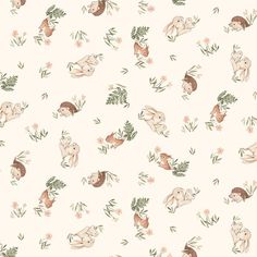 an animal themed wallpaper with flowers and leaves on it's back ground,