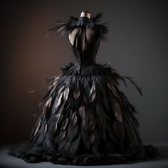 Black Swan Ball Gown, Crow Inspired Dress, Black Swan Gown, Black Swan Dress Gowns, Bird Howl, Corseted Gown, Crow Party, Mascarade Dresses, Feather Corset