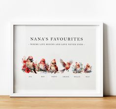 a framed print with the words nana's favorites written in red and white