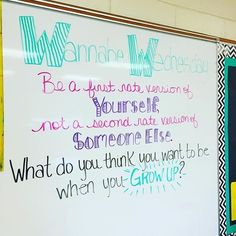 a white board with writing on it in front of a wall that says, what do you think you want to be when you grow up?