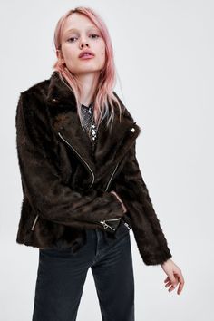 Image 2 of FAUX FUR BIKER JACKET from Zara Zara Australia, Black Leather Biker Jacket, Suede Blazer, Blazer Jackets For Women, Women's Jackets, Outfits Winter, Corduroy Jacket, Fall 2018, Jacket Buttons