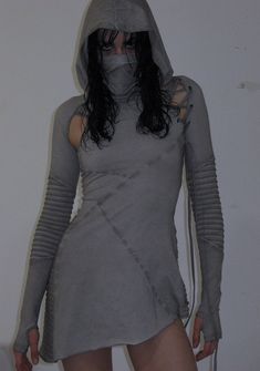 Unique Superhero Costumes, Long Sleeve Halloween Costume, Apocalypse Aesthetic Clothes, Dystopian Dress, Dune Outfit, Hooded Dress Outfit, 2024 Dance, Unusual Clothing, Dragon Cosplay