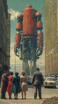 a group of people standing in front of a giant robot on the side of a road