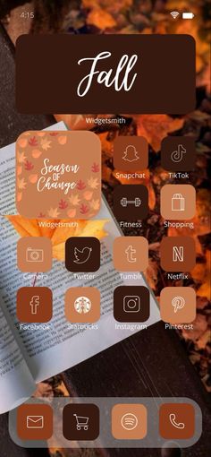 the fall theme on an iphone screen with autumn leaves and other things around it, including books