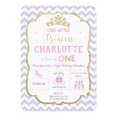 a purple and white card with the words our little princess is charlotte one on it