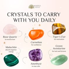 Whether you need love, confidence, motivation, or protection, there's a crystal for you!  🌸 Rose Quartz: to receive love 🔥 Carnelian: for confidence 🐯 Tiger’s Eye: for motivation 🍀 Green Aventurine: for luck and fortune 🔮 Amethyst: to stay calm 🍃 Malachite: to absorb negative energy  Which crystal do you carry with you?  Drop an emoji below! Crystal For Good Health, Energy Stones Crystal Healing, Confidence Motivation, Gemstones Chart, Receive Love, Crystal Vibes