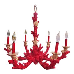 a red chandelier with five candles in the shape of coral and starfish