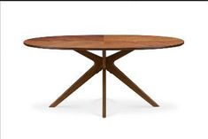 a wooden table with two intersecting legs and a round top, on an isolated white background