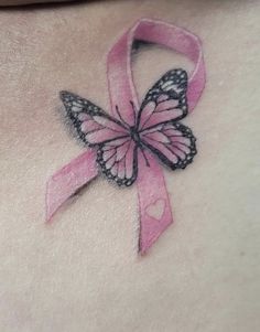 Butterfly With Pink Ribbon Tattoo, Ribbon And Butterfly Tattoo, Mastectomy Scar Tattoo Ideas, Pink Ribbon Butterfly Tattoo, Bubbles Up Tattoo, Butterfly Ribbon Tattoo, Chemo Port Scar Tattoo