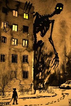 a black and white drawing of a person walking in front of a building with a skeleton on it