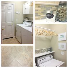 four different pictures show the inside of a laundry room, including a washer and dryer