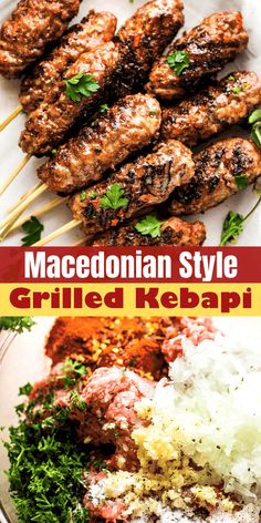 grilled kebabs on skewers are served with rice and garnished with parsley