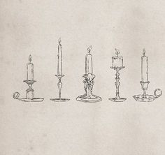 a line drawing of candles in different shapes and sizes, with one candle on the other side