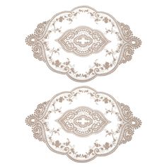 two white doidles with floral designs on the edges, one has an intricate design