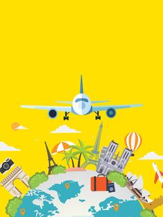 an airplane is flying over the earth with travel related objects around it on a yellow background