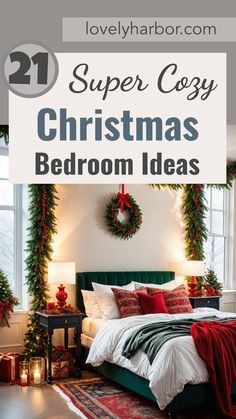 a bedroom decorated for christmas with red and green decorations