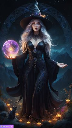 a woman dressed as a witch holding a crystal ball