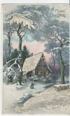 an old fashioned christmas card with a house in the snow