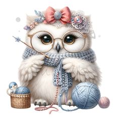 an owl with glasses and a knitted hat is sitting next to balls of yarn