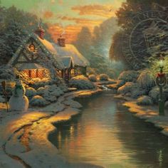 an image of a christmas scene with snowmen in the foreground and a house on the other side