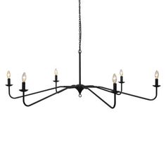 a black chandelier with five lights hanging from the center and four arms on each end