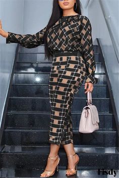 Fisdy - Traje de dos piezas de cuadros venecianos azul marino - Manga larga, corte normal Long Sleeve Loose Blouse, Checkered Top, Two Piece Suits, Mode Kimono, Skirt Suit Set, Moda Chic, Two Piece Pants Set, Top Pants Set, Fashion Weeks