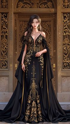 Black And Gold Dress Long Classy, Black Dress With Gold Accessories, Gold Fantasy Dress, Gold Dress Long Classy, Dress With Gold Accessories, Gold Dresses Long, Reign Fashion