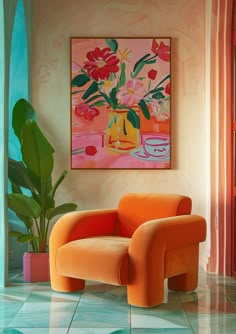 an orange chair sitting in front of a painting on the wall next to a potted plant