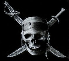 a black and white photo of a pirate skull with two crossed swords on his head